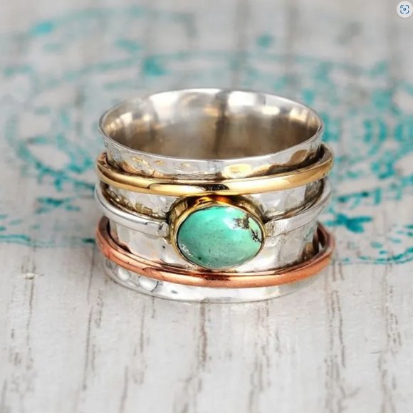 Handmade Hammered Oval Turquoise & Silver Mixed Metal Boho Wide Band Ring NEW - Picture 6 of 6